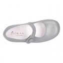 Classic BOXCALF Nappa leather little Mary Janes with hook and loop with button.