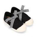 Girl Cotton canvas Mary Jane shoes ANGEL style with toe cap and VICHY ties closure..