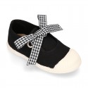 Girl Cotton canvas Mary Jane shoes ANGEL style with toe cap and VICHY ties closure..