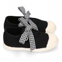 Girl Cotton canvas Mary Jane shoes ANGEL style with toe cap and VICHY ties closure..