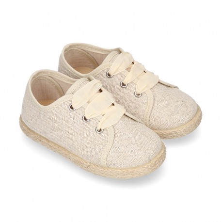 METAL LINEN canvas Kids Laces up shoes espadrille style with ties closure.