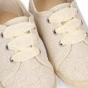 METAL LINEN canvas Kids Laces up shoes espadrille style with ties closure.