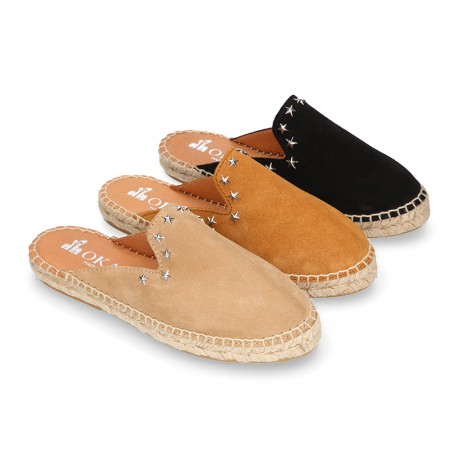 Women suede leather CLOG style espadrille shoes with STARS design.
