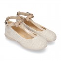 METAL LINEN Canvas T-Strap Girl Mary Jane shoes with bow.