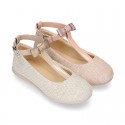 METAL LINEN Canvas T-Strap Girl Mary Jane shoes with bow.