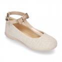 METAL LINEN Canvas T-Strap Girl Mary Jane shoes with bow.