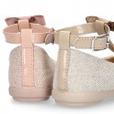 METAL LINEN Canvas T-Strap Girl Mary Jane shoes with bow.