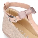 METAL LINEN Canvas T-Strap Girl Mary Jane shoes with bow.