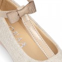 METAL LINEN Canvas T-Strap Girl Mary Jane shoes with bow.