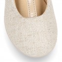 METAL LINEN Canvas T-Strap Girl Mary Jane shoes with bow.