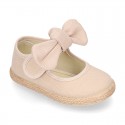 Cotton canvas espadrille shoes little Mary Jane style with hook and loop strap and bow.