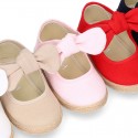 Cotton canvas espadrille shoes little Mary Jane style with hook and loop strap and bow.