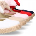 Cotton canvas espadrille shoes little Mary Jane style with hook and loop strap and bow.