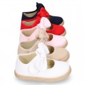 Cotton canvas espadrille shoes little Mary Jane style with hook and loop strap and bow.