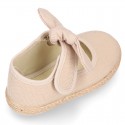 Cotton canvas espadrille shoes little Mary Jane style with hook and loop strap and bow.