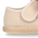 Cotton canvas espadrille shoes little Mary Jane style with hook and loop strap and bow.