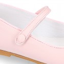 Nappa leather classic Girl Mary Jane shoes with hook and loop strap with button design.