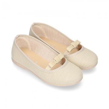 LINEN canvas little Ballet flat shoes with elastic band and BOW.