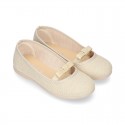LINEN canvas little Ballet flat shoes with elastic band and BOW.