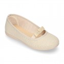 LINEN canvas little Ballet flat shoes with elastic band and BOW.