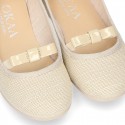 LINEN canvas little Ballet flat shoes with elastic band and BOW.