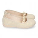 LINEN canvas little Ballet flat shoes with elastic band and BOW.