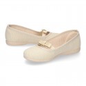 LINEN canvas little Ballet flat shoes with elastic band and BOW.