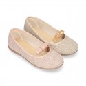 LINEN canvas little Ballet flat shoes with elastic band and BOW in pastel colors.