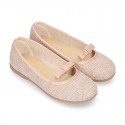 LINEN canvas little Ballet flat shoes with elastic band and BOW in pastel colors.