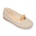 LINEN canvas little Ballet flat shoes with elastic band and BOW in pastel colors.