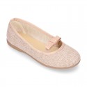 LINEN canvas little Ballet flat shoes with elastic band and BOW in pastel colors.