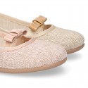 LINEN canvas little Ballet flat shoes with elastic band and BOW in pastel colors.