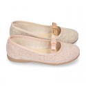 LINEN canvas little Ballet flat shoes with elastic band and BOW in pastel colors.