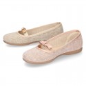 LINEN canvas little Ballet flat shoes with elastic band and BOW in pastel colors.