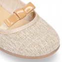 LINEN canvas little Ballet flat shoes with elastic band and BOW in pastel colors.