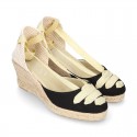 Cotton canvas wedge sandals espadrille shoes GOYESCA style with GOLDEN crossed ties.