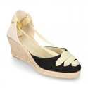 Cotton canvas wedge sandals espadrille shoes GOYESCA style with GOLDEN crossed ties.