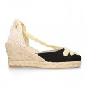 Cotton canvas wedge sandals espadrille shoes GOYESCA style with GOLDEN crossed ties.