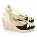 Cotton canvas wedge sandals espadrille shoes GOYESCA style with GOLDEN crossed ties.