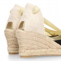 Cotton canvas wedge sandals espadrille shoes GOYESCA style with GOLDEN crossed ties.