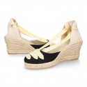 Cotton canvas wedge sandals espadrille shoes GOYESCA style with GOLDEN crossed ties.