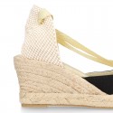 Cotton canvas wedge sandals espadrille shoes GOYESCA style with GOLDEN crossed ties.