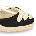 Cotton canvas wedge sandals espadrille shoes GOYESCA style with GOLDEN crossed ties.