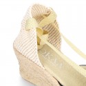 Cotton canvas wedge sandals espadrille shoes GOYESCA style with GOLDEN crossed ties.