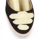 Cotton canvas wedge sandals espadrille shoes GOYESCA style with GOLDEN crossed ties.