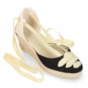 Cotton canvas wedge sandals espadrille shoes GOYESCA style with GOLDEN crossed ties.