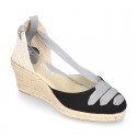 Cotton canvas wedge sandals espadrille shoes GOYESCA style with GOLDEN crossed ties.