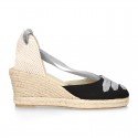 Cotton canvas wedge sandals espadrille shoes GOYESCA style with GOLDEN crossed ties.