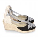 Cotton canvas wedge sandals espadrille shoes GOYESCA style with GOLDEN crossed ties.