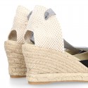 Cotton canvas wedge sandals espadrille shoes GOYESCA style with GOLDEN crossed ties.